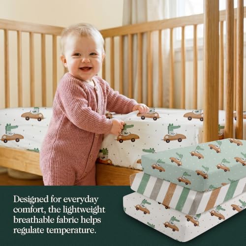 Image of 100% Organic Cotton Baby Crib Sheets (3-Pack) - GOTS Certified, Soft Fitted Sheets for Mini Mattress & Pack n Play, 5 inch Deep Pocket with Secure Elastic Fit, Boys & Girls, 28 inch x 55 inch (Croc Race)