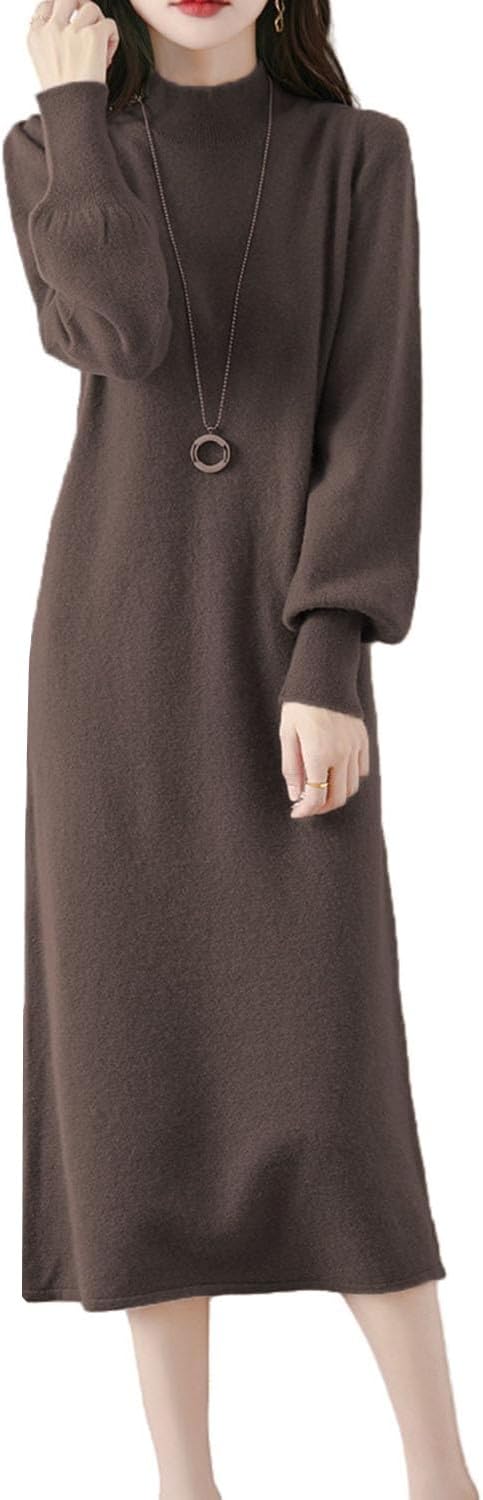 100% Merino Wool Sweater Dress Women's Mock Neck Lantern Sleeve Pullover Autumn Winter Knitted Long Dress