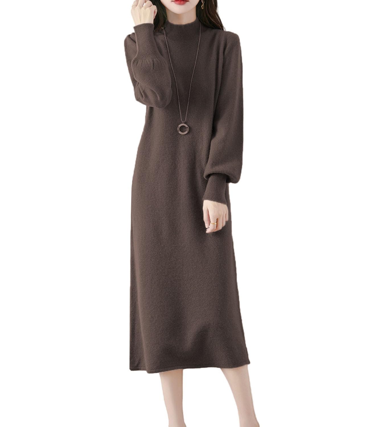 100 Merino Wool Sweater Dress Womens Mock Neck Lantern Sleeve Pullover Autumn Winter Knitted Long Dress