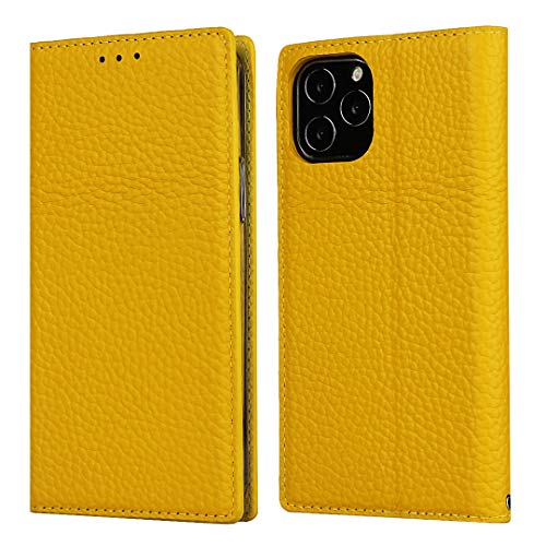 Funda tipo cartera para iPhone 12 Pro Max, de lujo Litchi Grain Cuero auténtico Folio Flip Phone Case con ranuras para tarjetas fuerte cierre magnético titular de Kickstand amarillo Cover