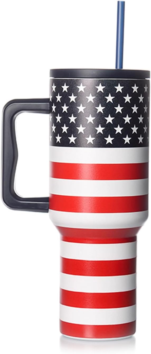 Purusha's Picks Tumbler with Lid and Straw, 40oz Stainless Steel Insulated American Flag Tumblers with Handle, 4th of July - Image 2