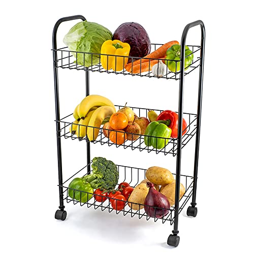 Vivo Technologies 3 Tier Fruit Vegetable Trolley Basket Rack Kitchen Storage with Wheels Storage Rack with Organizer Baskets for Fruits Vegetables books tools Storage Black