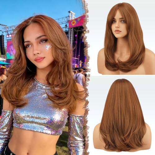 Image of FESHFEN Wigs with Bangs for Women, Synthetic Natural Looking Long Layered Straight Auburn Hair Wig for Women Daily Party Use 18 inch