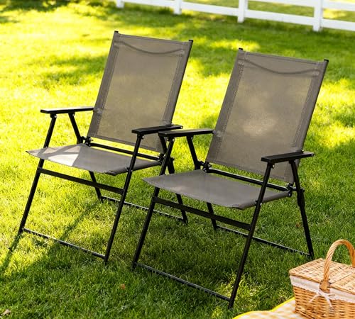 JMGJOY Patio Folding Chairs Set of 2, No Assembly Outdoor Dining Chair, Folding Lawn Chairs with Armrest, Only 8.7 Lbs, Lightweight & Portable for Porch Lawn Garden Pool Beach Yard Lounge, Gray