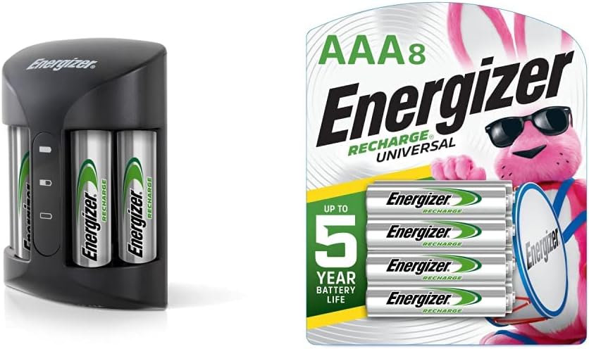 Energizer Rechargeable AAA Batteries, 700 mAh NiMH, Pre-Charged, Chargeable for 1,000 Cycles, 8 Count & Rechargeable AA and AAA Battery Charger (Recharge Pro) with 4 AA NiMH Rechargeable Batteries
