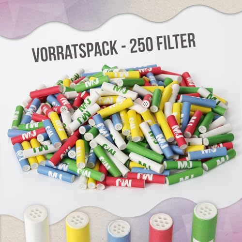 Mari & Juan 250 Aktivkohlefilter 6mm Slim Size I Aktivkohlefilter dünne Filter mit Aktivkohle aus Kokosschale, 250 Stück, bunt I Schadstoffärmeres Raucherlebnis