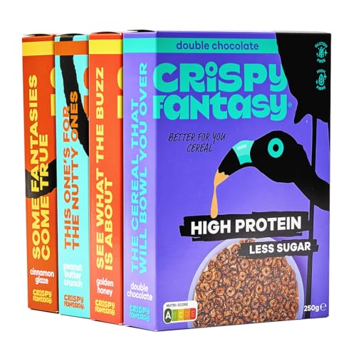 Crispy Fantasy Protein Cereal, Variety Pack, Gluten Free, Vegan, Low Sugar, Protein Snacks, High Fibre, Plant Based, Just Add Milk, Healthy Breakfast for Kids & Adults, 8g Protein Per Serving, 4 Boxes