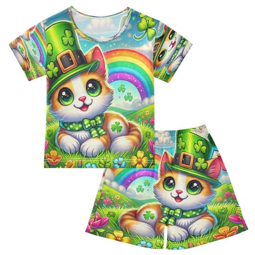 Cat St Patricks Hat Pajama Set Short Sleeve PJ Set Cotton Summer Pajamas Sleepwear Soft 5Y