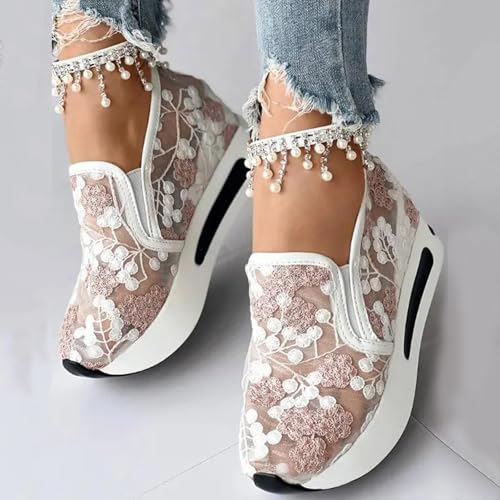 Orthopedic Shoes for Women 2025,Floral Embroidery Breathable Sheer Mesh Lace Sneakers Slip on Platform Wedges Dressy Casual Walking Sandals4