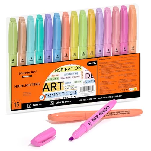 Shuttle Art Textmarker, 15 bunte Pastell Textmarker, 15 Macron Farben, schnell trocknender, ungiftiger Marker, geeignet für Erwachsene und Kinder, um Text hervorzuheben und Markierungen zu machen