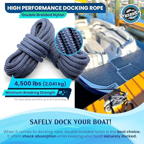 Image of Premium Nylon Boat Dock Lines & Ropes for Docking 3 /8'' x 15' | Double Braided Marine Rope & Mooring Line| Boat Ropes for Docking with Loop | UV & Saltwater Resistant Dock Ropes for Boats & Pontoons