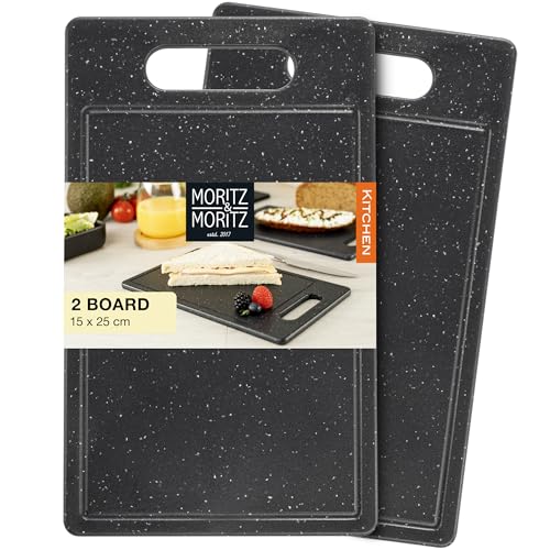 Moritz & Moritz 2X Small Plastic Chopping Boards with Juice Groove in Black Granite Look - 25x15 cm - Chopping Boards BPA Free - Breakfast Board - Chopping Board Set Hygienic and Dishwasher Safe