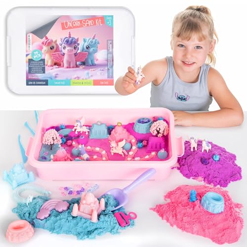 79PCS Unicorn Magic Sand Art kit Portabl Sand Sensory Bin for Toddlers 2.4 LB of Non-toxic Play Sand Toys Include mold and tools for creative DIY Unicorn Toys for Childrens Day Birthday Gift