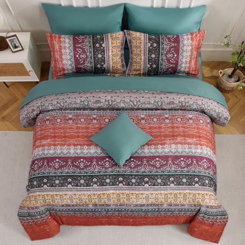 Image of Cottolester Boho Full Comforter Set 8 Pieces,Orange and Green Bohemian Striped Bed in a Bag, Paisley Soft Microfiber Bedding Comforter Set