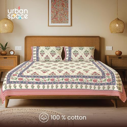Image of Urban Space 100% Cotton Jaipuri Handblock Premium Printed King Size Bedsheet with 2 Pillow Covers, 240 TC Cotton King Bedsheet (108 x 108 Inches, Amberjaal Pink)