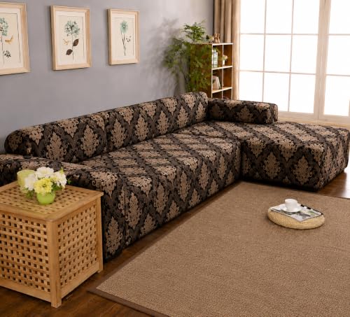 Image of Gifts Island Premium 160GSM Super Soft Brown Damask Stretchable Sofa Cover L Shape 6 Seater Fully Covered | Suitable for Both Left and Right Side Chaise Sofa (Brown Damask, 3+3 Seater)