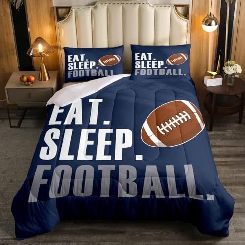 Image of Feelyou Rugby Comforter American Football Sports Bedding Set for Boys Girls Women Men Blue Eat Sleep Football Comforter Set Ball Games Room Decor Toddler Size Quilt Set 2Pcs