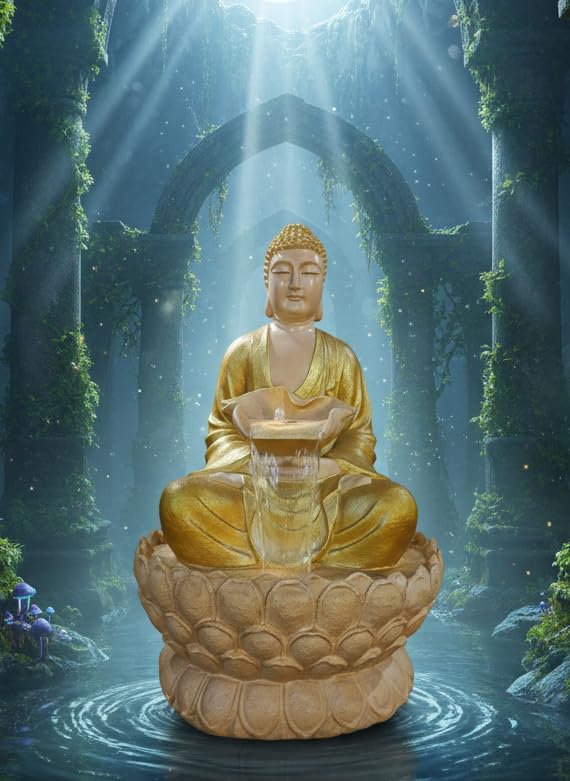 Luxury Buddha Statue Water Fountain with Cascading Waterfall & LED Illumination 4.3 Ft Height Indoor/Outdoor|37 Inch Width| Meditation Waterfall for Home, Office & Garden Decor-image-21