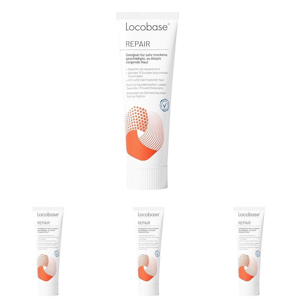 Locobase Repair Creme - 72h Feuchtigkeitscreme für sehr trockene & rissige Haut - Körper & Gesichtspflege - regeneriert die Hautbarriere - parfümfrei - dermatologisch getestet - 30g (Packung mit 4)