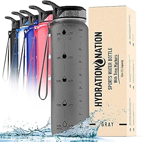 Hydration Nation (32oz Water Bottle With Time Marker - Leak Proof Water Bottles With Times To Drink For Fitness & Sports - 32oz Water Bottle With Straw For Drinking - Water Tracker Bottles (Gray) Cover