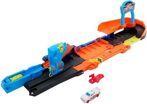 Hot Wheels City oyuncak araba ve pist seti, Dönüştürülebilir Maceraya Başlangıç Garajı oyun seti, 1:64 ölçekli metal araç, 10'dan fazla araç için saklama alanı, akrobasi yolu, JHL94