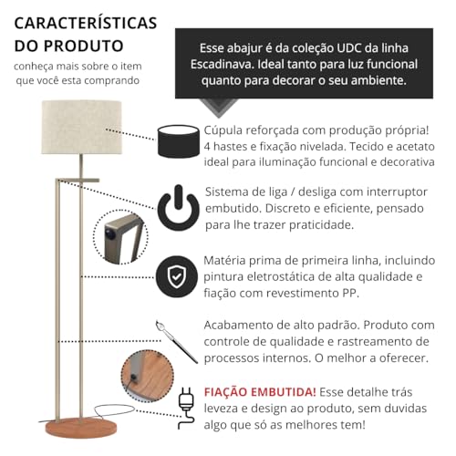 UNIDECOR CASA Luminária Abajur de Chão Salone Luxo Champanhe Cúpula Palha Italiana Aço Carbono
