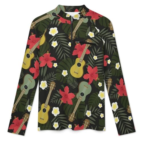 Flowers Palm Leaves Guitars Men's Rash Guard Long Sleeves Quick Dry Fishing Workout Shirts with Zipper3