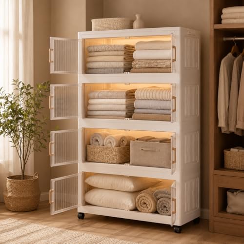 Image of KRISHYAM Modular Plastic Storage Cabinet with Translucent Doors & Wheels | Multi-Tier Clothes & Utility Organizer | Dustproof Freestanding Wardrobe (4 Layer - 4 Transparent Door (White))