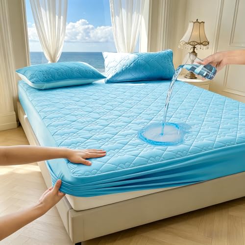Image of Waterproof Mattress Protector, Noiseless Queen Size Mattress Pad with Deep Pocket Fitted Up to 2-12 inches, Soft Breathable Bed Mattress Cover Washable for Bedroom, Hotel (1, Blue, Queen)