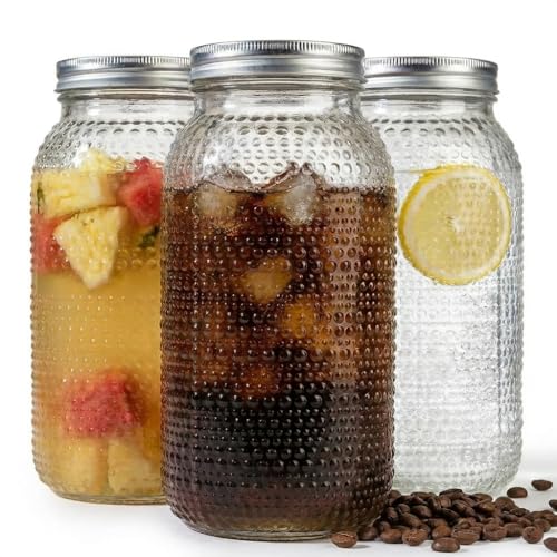 WELLIFE 3 Pack 64 oz Half Gallon Mason Jars, Wide Mouth Glass Jars with Airtight BPA-Free Lids, Raised Dot Texture Large Jars for Canning, Pickling, Fermenting & Food Storage by WELLIFE - Used condition - US$22.11