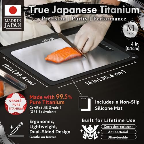 Image of HIBINO Titanium Cutting Board | 99.5% Pure Japanese Titanium | Non-Toxic | Lightweight & Dishwasher Safe | M Size | Made in Japan | With Non-Slip Mat | For Kitchen & Camping Use