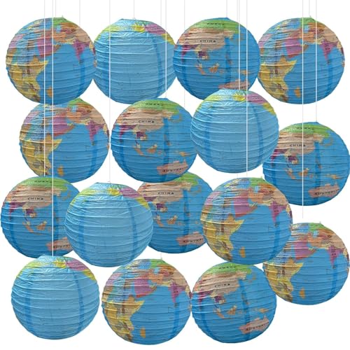 Image of 16 Pcs 12 Inch Globe Paper Lanterns for Ceiling Hanging, Large Earth Lantern Around The World Map Decorations