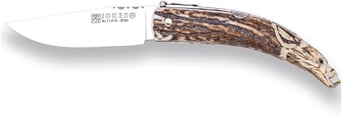 Joker Cuchillo plegable de bolsillo NC142 tallado a mano, mango de punta de asta de ciervo, motivo de jabalí, hoja MOVA de 3.14 pulgadas, con funda