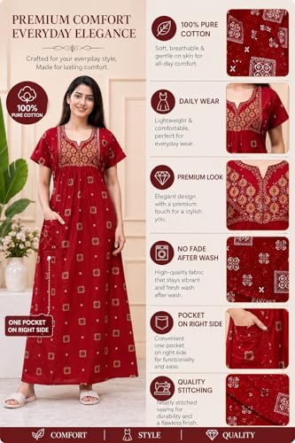 Image of Women's Pure Cotton Maxi Nighty, Jaipuri Embroidery Print, Short Sleeve Night Gown with Pocket