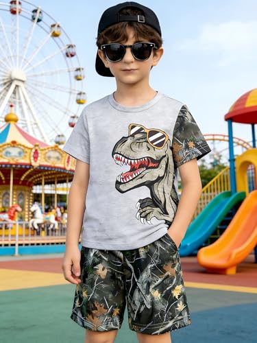 Image of Boys' 2 Piece Summer Outfit Cool Dinosaur & Camouflage Graphic Short Sleeve Tee & Shorts Set Size 4-12