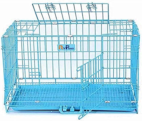 Image of RvPaws Dog Cage - Powder Coated, Double Door Folding Metal Cage /Crate /Kennel with Removable Tray and Paw Protector for Dogs, Cats and Rabbits - 36 Inch - Blue (L-36, W-22, H-27 INCH)