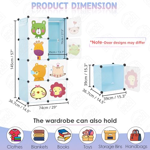 Image of ABOUT SPACE Plastic Kids Wardrobe - DIY 8 Cube Kids Almirah with Cartoon Door, Side Hanger, Cloth Hanger, Door Magnet & Hamer - Collapsible Organizer| Storage for Baby Clothes Boys Girls - Blue