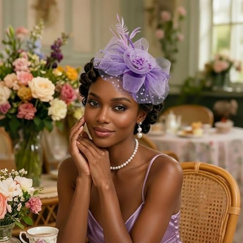 Image of DRESHOW Fascinators Hat Flower Mesh Ribbons Feathers on a Headband and a Clip Tea Party Headwear for Girls and Women