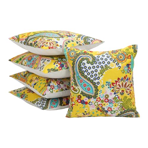 Image of Cushion Cover 24 inch x 24 inch Set of 5 Cotton Paisley Yellow Large Size Sofa Pillow Cushion Covers 60x60 cm for Boho Home Decor Traditional Print Big Size (Only Covers)