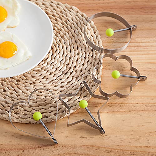 Foto von Spiegeleiform Edelstahl Ei Rings Fried Egg Ringe Pfannkuchenform Schimmel Bürste Eierfilter Verschiedenen Formen mit Griff Omelettpfannen Eierpfannkuchenringe für Spiegeleier Sandwiches 5 Stück