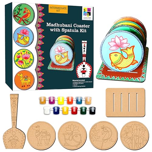 Image of Madhubani Art Kit,Pre Marked Tea Coaster with Spatula for Painting,Birthday Gifts for Girls 9-12, Art kit for Adults,Coaster with Spatula Kit - 07