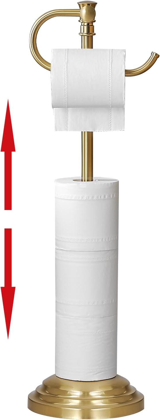 RUMOSE Toilet Paper Holder Stand for Floor, Brushed Gold Adjustable (12.4" to 22.8") Bathroom Toilet Tissue Holder, Free Standing Toilet Paper Roll Holder with Storage, Stainless Steel