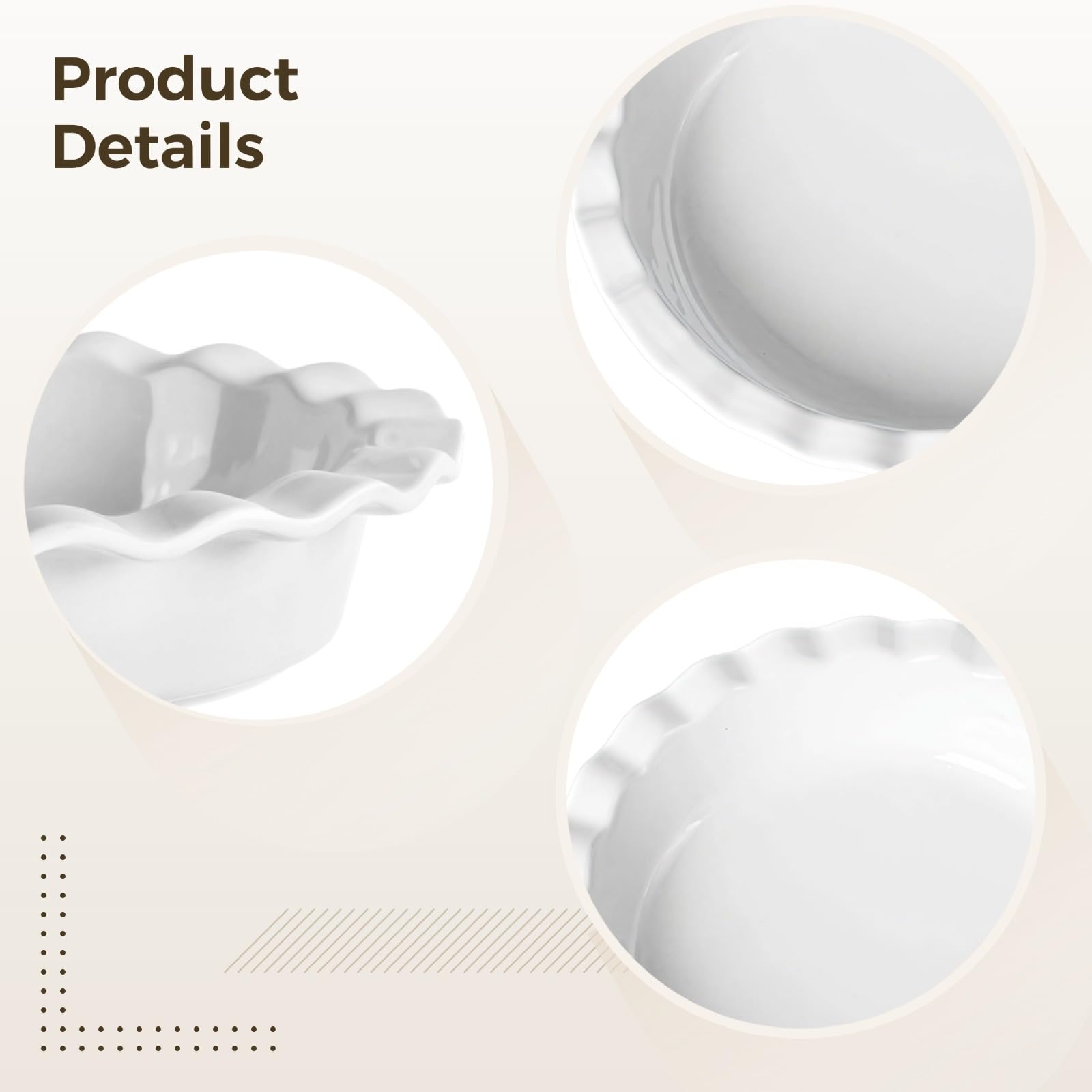 Bosreroy 2-Piece Ceramic Pie Pans, 9.8-Inch Quiche & Tart Plates, Elegant White with Wavy Edges for Baking