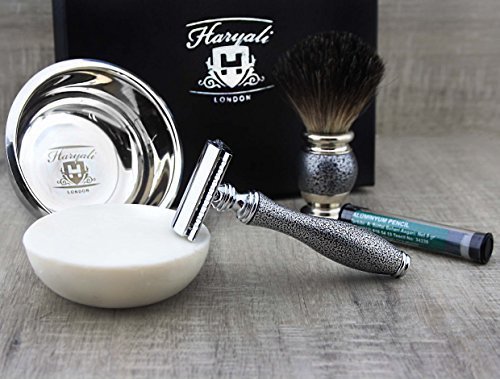 Haryali London, Set da Barba Uomo Completo 4 Pezzi – Kit Rasatura a Umido con Rasoio di Sicurezza Doppia Lama, Pennello da Barba in Tasso, Ciotola in Acciaio Inox e Sapone da Barba