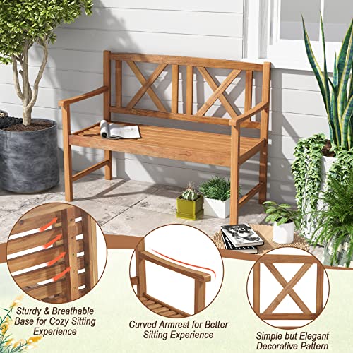 Image of Giantex Patio Garden Bench Loveseat - 2-Person Acacia Wood Bench with Armrest, Backrest, Sturdy Frame, 800lbs Capacity, Outside Park Bench for Patio, Yard, Front Porch, Outdoor Garden Bench, Natural