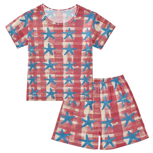 ALAZA Blue Starfish Red Plaid Pajama Set Short Sleeve Sleepwear Soft Lounge Nightwear