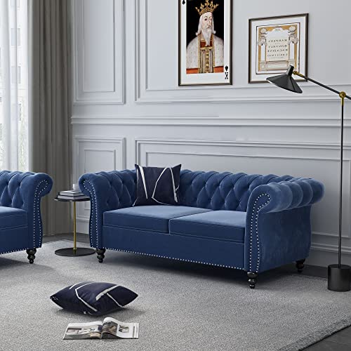 Image of ORRD 2 Pieces Living Room Set, Velvet Couch Chesterfield Sofa Loveseat with Scroll Arms and Nailhead for Living Room, Office (Blue)