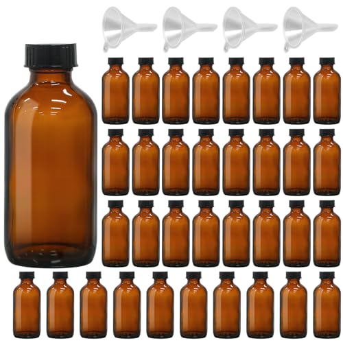 35 Pack 4oz Amber Glass Boston Round Bottles with Polycone Leak-Proof Phenolic Caps Brown Airtight Refillable Containers for Homemade Vanilla Extract Essential Oils Herbal Medicine and Syrups