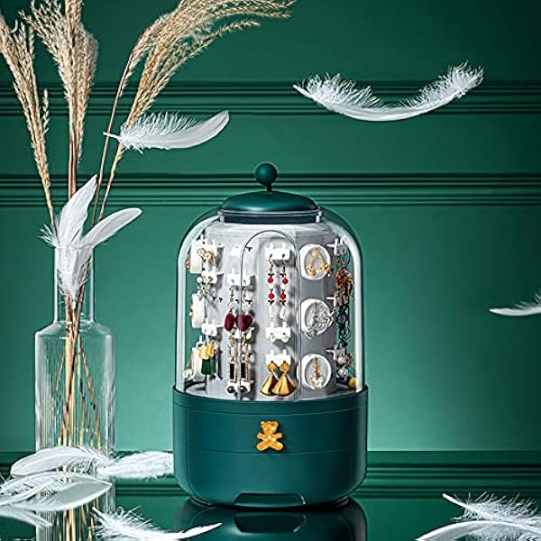qiuqiu Roterende sieraden-organizer, ronde toren-sieraden-opbergdoos met 39 haken, halsketting, armbandring, oorring, kleine voorwerpen, displayhouder-groen||01