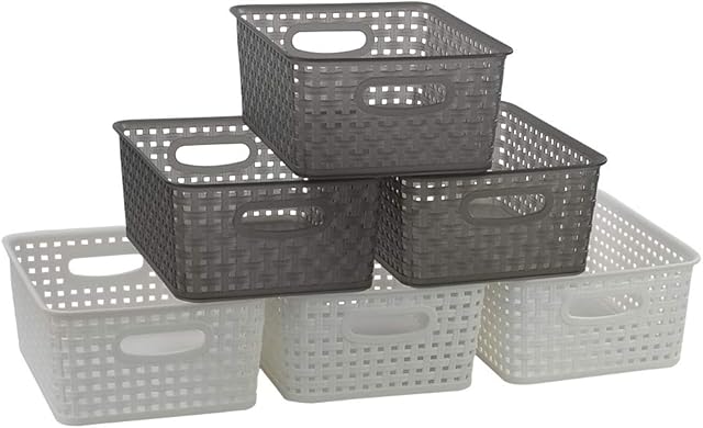 Rinboat White and Transparent Gray Plastic Storage Baskets, 6 Packs